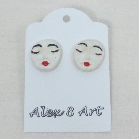 New Unique Hand Painted Lady's Face Stud Earrings - Picture 1 of 6